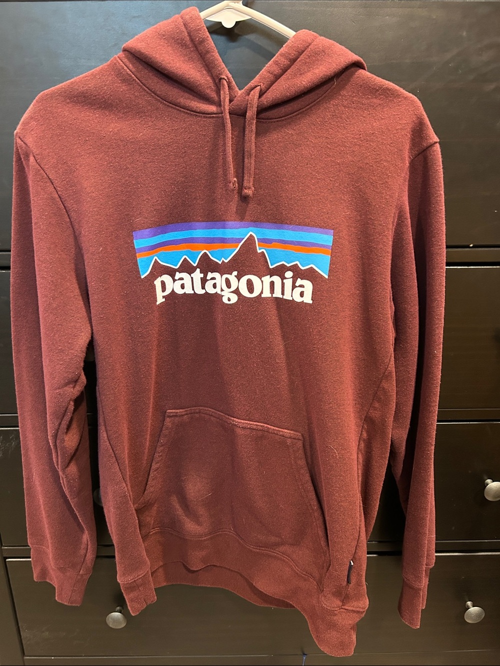 Patagonia Maroon Pullover Hoodie with Mountain Logo Mens small